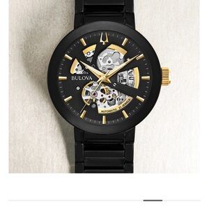 Bulova Black and Gold Skeleton Dial Watch